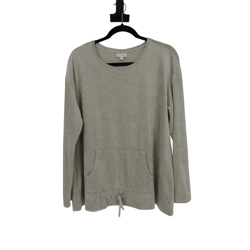 Pure Jill Velour Pullover Top Womens XL Beige Kangaroo Pocket Drawstring Hem